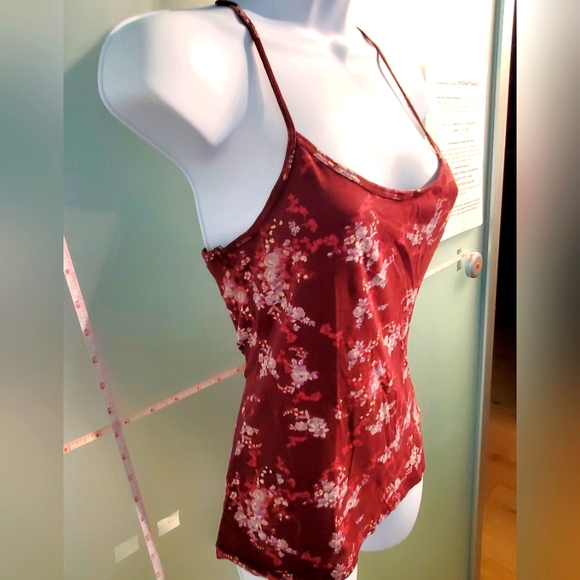 Chic Floral Tank Top, Burgundy w/ White & Pink Flowers, Stretchy, Thin Staps - Picture 2 of 8